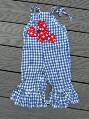 Mud Pie Blue Gingham Ruffle Strap Romper with Red Crab Applique